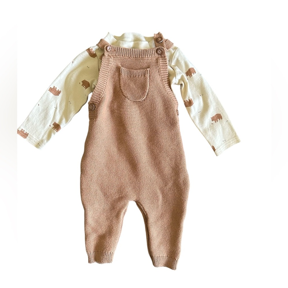 Carter's NWOT Tan Knit Overalls With Bear Shirt Set Size 9M